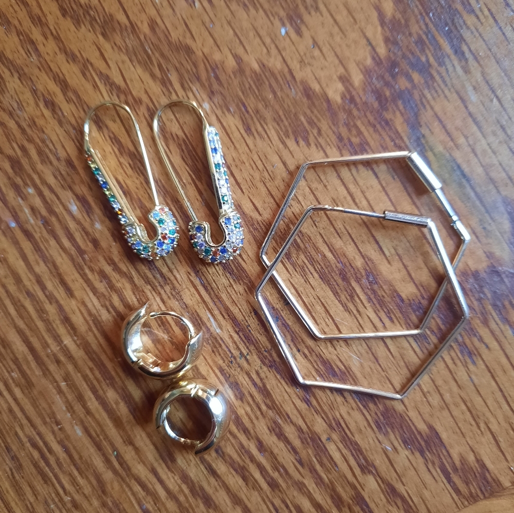 3 Pairs Gold Tone Earrings